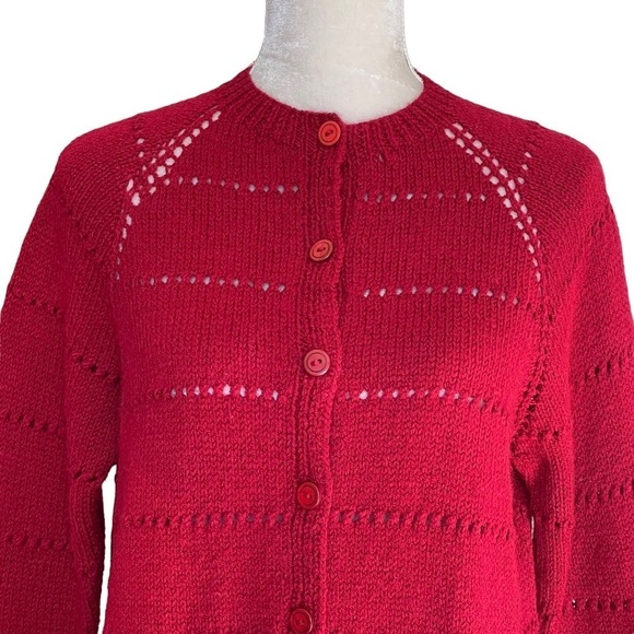Hadmade Women’s Handcrafted Open Knit Red Cardigan Sweater Hand Knitted - Picture 2 of 6